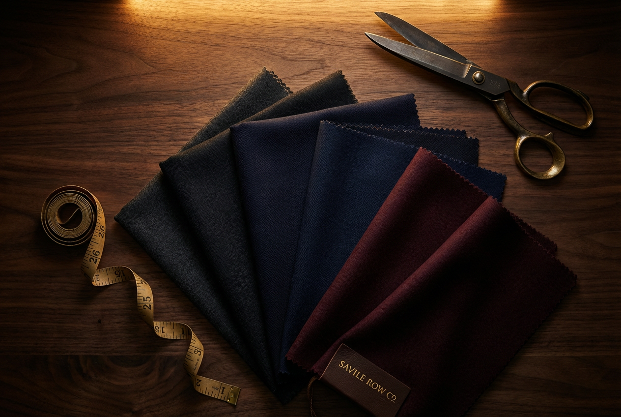 Luxury wool suit fabric swatches in charcoal, navy and burgundy with vintage brass measuring tape on dark walnut surface