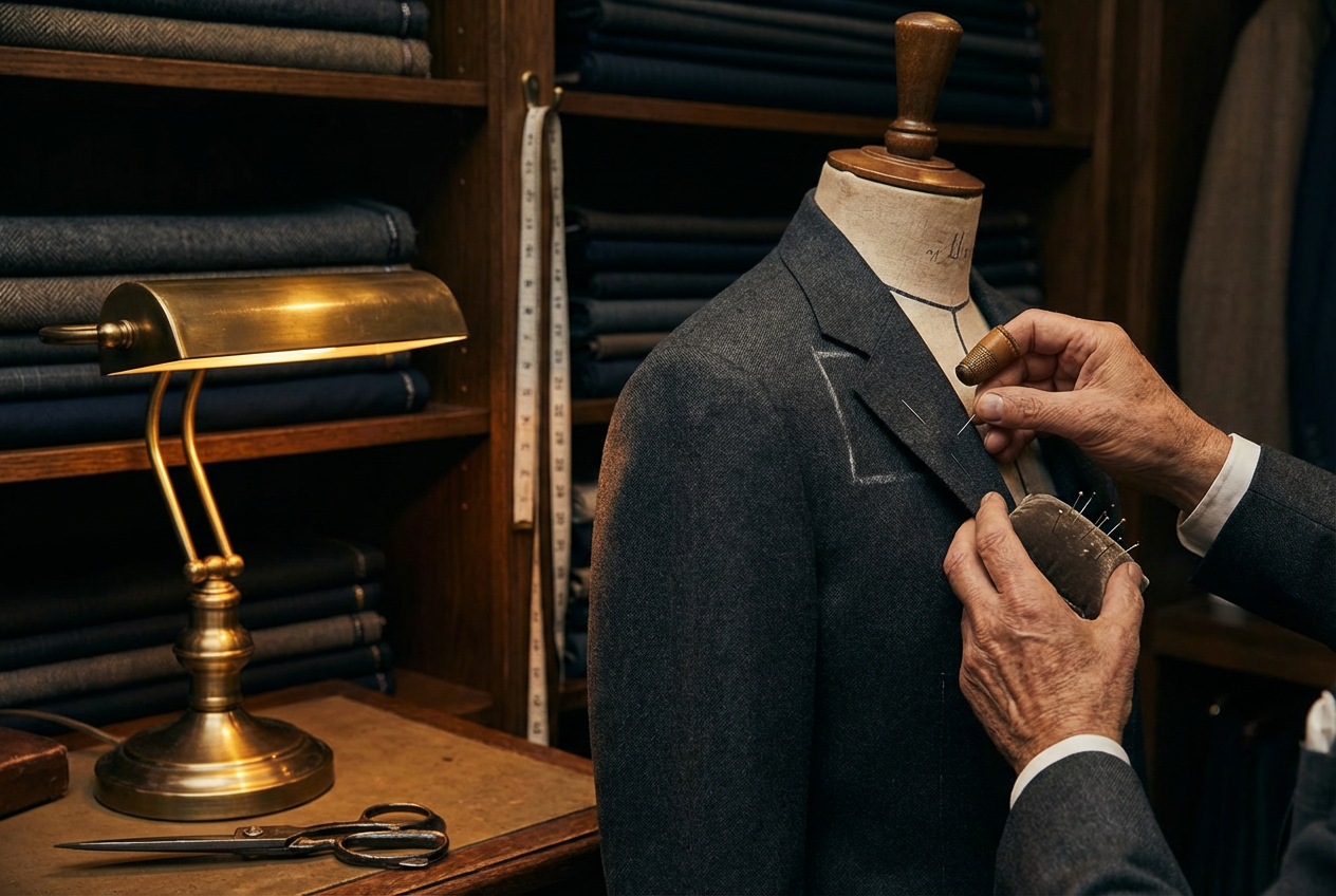 Master tailor's hands pinning and marking the lapel of a bespoke charcoal suit jacket in a Los Angeles atelier